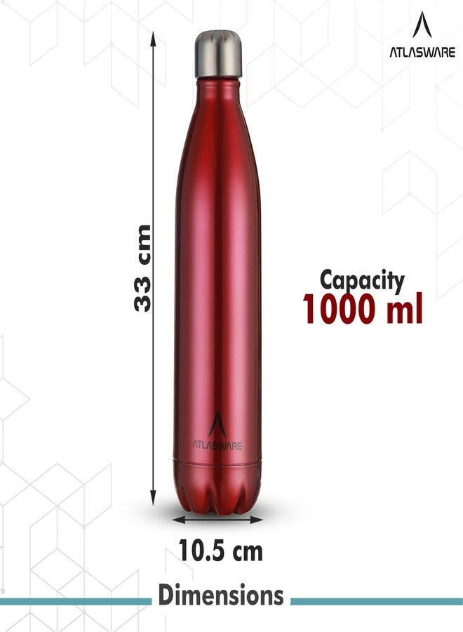 ATLASWARE Stainless Steel Water Bottle | Elegant Design, Non-Toxic, BPA-Free, and Eco-friendly Double Walled Constructions | Red | 1000 ML - Image 3